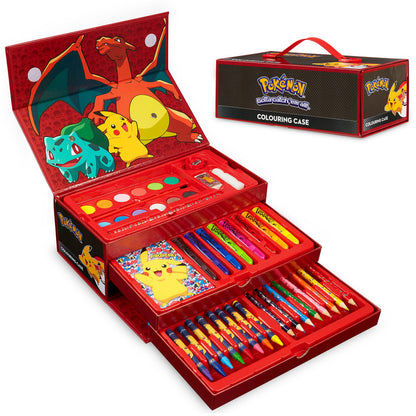 Pokemon Art Supplies for Kids 40+ Pcs Painting Coloring Set Travel Case - Gifts for Kids (Black/Red)