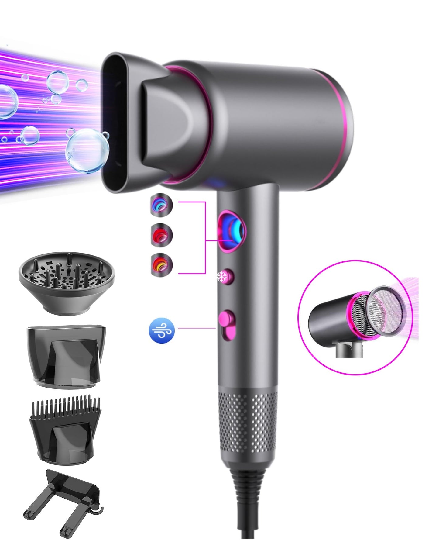 Professional Ionic Hair Dryer 1875W 110000 RPM High-Speed Hair Dryer Arhhn Fast Drying Low Noise Blow Dryer with 2 Concentrator Nozzle 1 Diffuser Lightweight Hairdryer for Home Salon Travel(Grey)