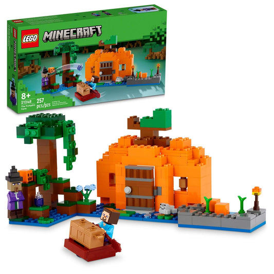 LEGO Minecraft Pumpkin Farm building toy with Steve minifigure and witch, perfect for kids age 8+, multicolor design.