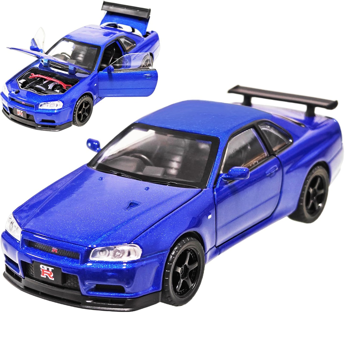 Nissan Skyline GTR R34 Model car 1/32 Die-cast Toy Cars Metal Model Car Toys with Light and Sound Pull Back Collectible Model for Children Age 3 + Year Old Festival Gift(Blue)