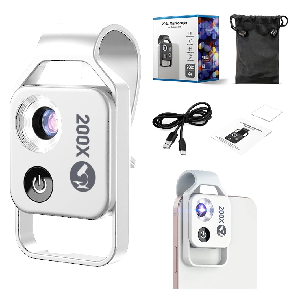 200x Magnification Zoom Pocket HD Phone Microscopes with LED Light Cell Phone Lens Attachments, Portable Microscopic Lens for Cell Smartphone (White)