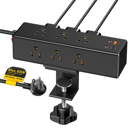 Kungfuking Desk Clamp Power Strip USB C GaN PD 65W Fast Charging Station for Laptops Desktop Charger Edge Mount with 9 AC Plugs 4 USB Ports Mountable Power Hub 6 FT Cord Flat Plug Overload Protect