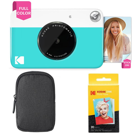 Kodak Printomatic Instant Camera (Blue) Basic Bundle + Zink Paper (20 Sheets) + Deluxe Case