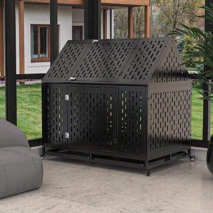 Heavy Duty Dog Crate 45 Inch Indestructible Pet Dog Cage Crate Kennel With Roof Top 2 Doors Removable Trays