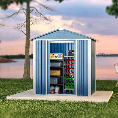 Metal Outdoor Storage Shed 5.3 FT X 4 FT, Double Sloping Roof Steel Utility Tool Shed Storage House With Door & Lock, Metal Sheds Outdoor Storage For Garden Patio Lawn,Blue