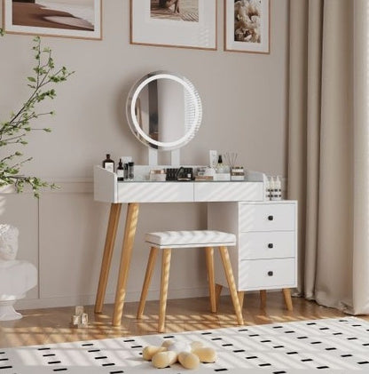 Make up Dressing Table With LED Lights Glass Top Extendable Side Table 5 Drawers Mirror Stool For Bedroom
