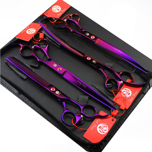 8.0 inch Professional Pet Grooming Scissors Dog Straight Shear Thinning Blending Scissor & 2 PCS Curved Shear with Bag (Purple)
