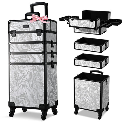 BYOOTIQUE Rolling Makeup Train Case 4 in 1 Cosmetic Trolley Organizer Case Lockable Salon Barber Case Traveling Cart Trunk with Wheels for Makeup Artist Trave NailCoyoteButtes Graystone