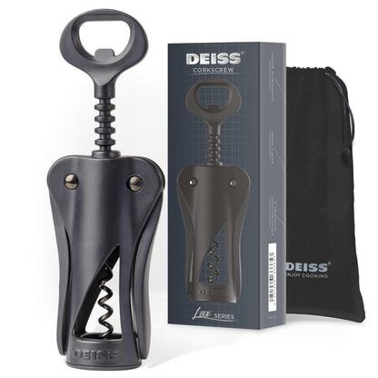 Deiss LUX Wine Opener All-Metal Wing Corkscrew Wine Bottle Opener with Built-in Beer Bottle Opener - Ergonomic Cork Screw Wine Corker Silver Matte Coating Velvet Storage Pouch (BLACK)