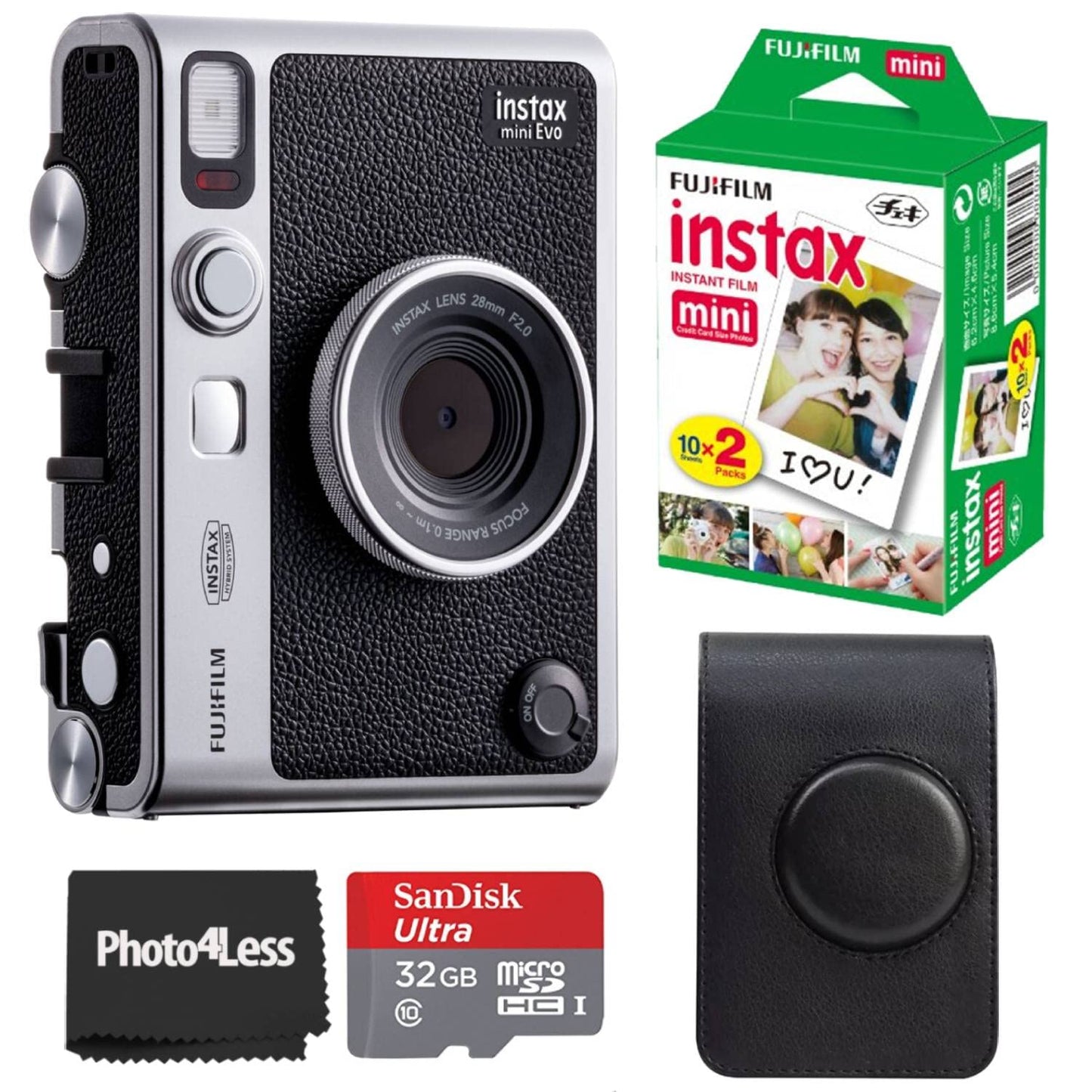 Fujifilm Instax Mini EVO Hybrid Instant Camera Black Bundle with Instax Mini Instant Film 20 Sheets 32GB microSD Card Vintage Style Black Camera Case Bundle