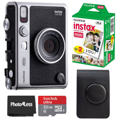 Fujifilm Instax Mini EVO Hybrid Instant Camera Black Bundle with Instax Mini Instant Film 20 Sheets 32GB microSD Card Vintage Style Black Camera Case Bundle