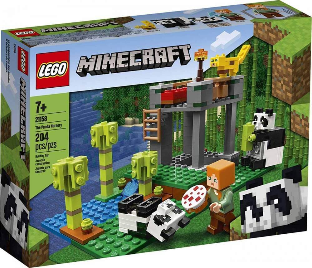 LEGO Minecraft Panda Nursery set featuring mom and baby pandas with Alex in a colorful building scene, 204 pieces.