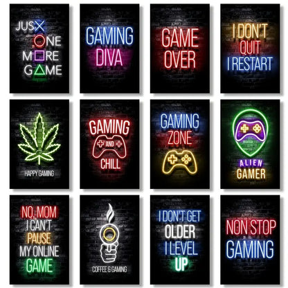 12pcs Neon Video Game Posters for Playroom Decor light