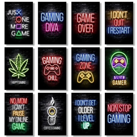 12pcs Neon Video Game Posters for Playroom Decor light