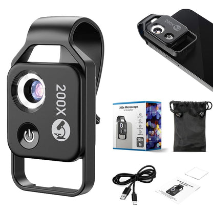 200x Magnification Zoom Pocket HD Phone Microscopes with LED Light Cell Phone Lens Attachments, Portable Microscopic Lens for Cell Smartphone (White)