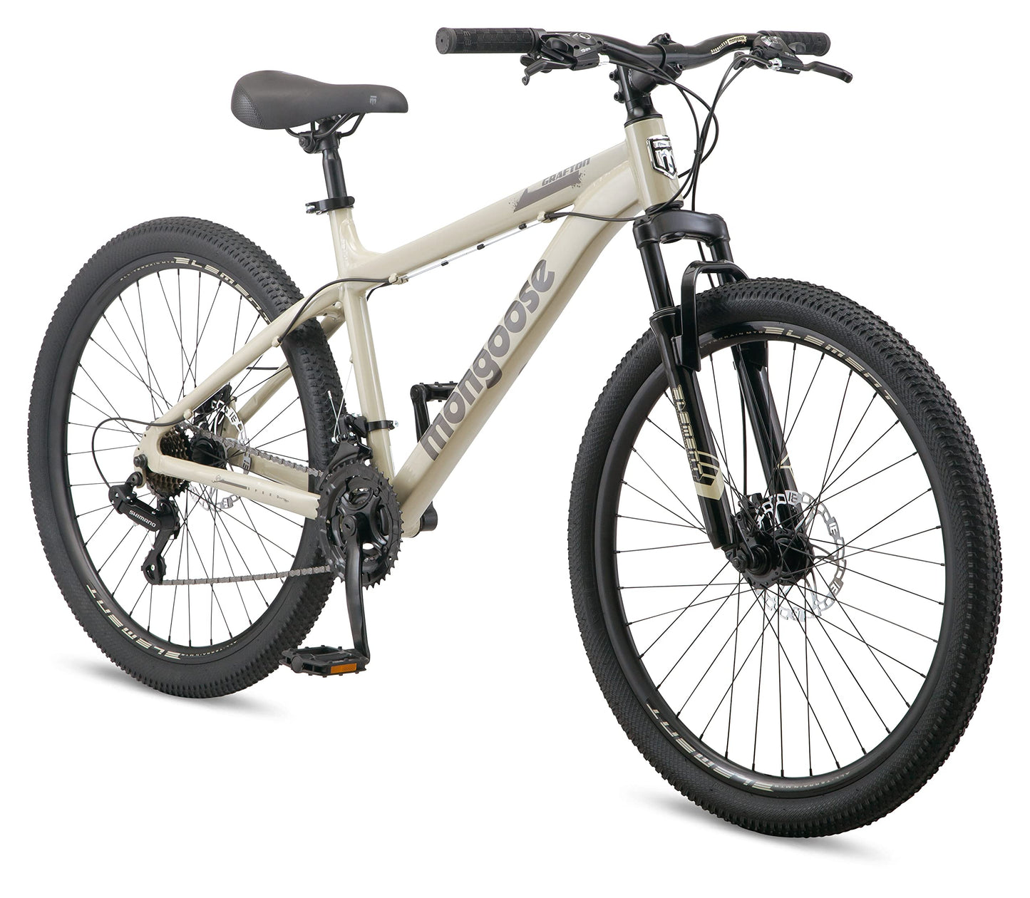 Mongoose Grafton Mountain Bike for Adult Men Women 26-Inch Wheels 21-Speed Trigger Shifter 17-Inch Aluminum Frame Front Suspension Mechanical Disc Brakes Tan