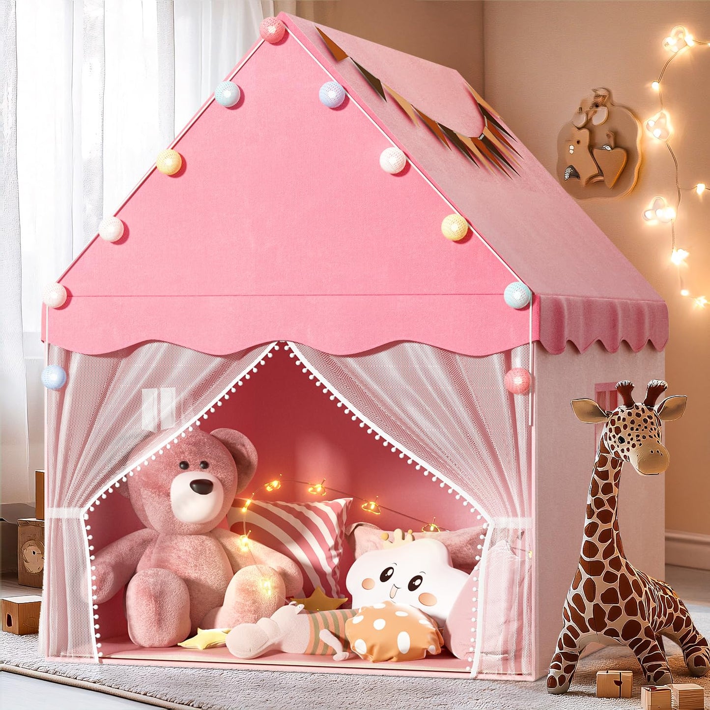 EagleStone Kids Play Tent with Star Light Padded MatToddler Tent IndoorPlayhouse for Toddlers Boys Girls Neutral Color Indoor Bed Tent Gift Toy (Pink)