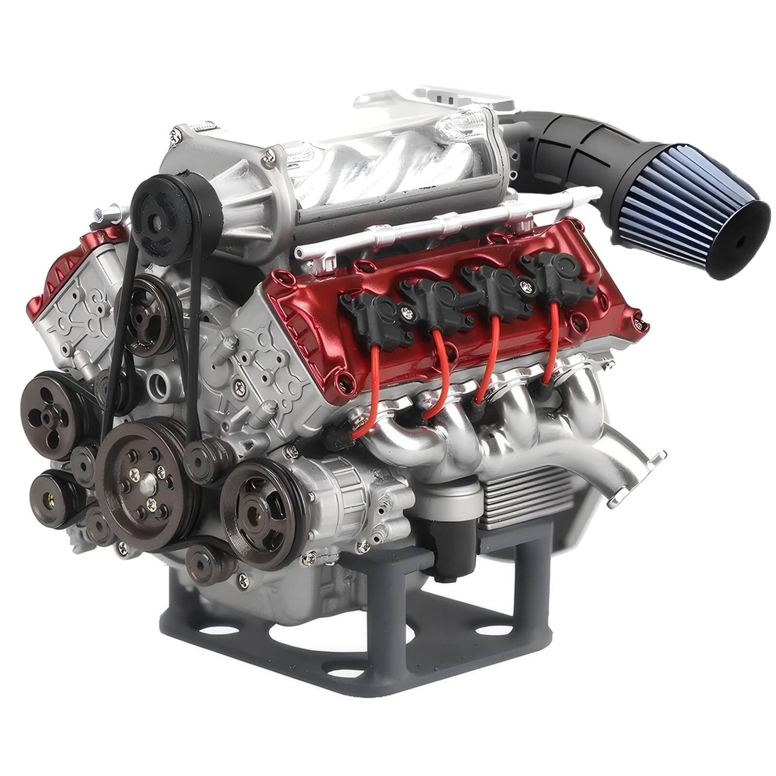 Functional mini V8 engine kit for adults featuring a realistic design with supercharger and detailed components.