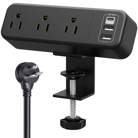 Desk Clamp Power Strip with USB C 3 Outlet Desktop Mount Power Station Removable Clamp Socket with 6.5 ft Extension Cord Fit 1.7 inch Tabletop Edge