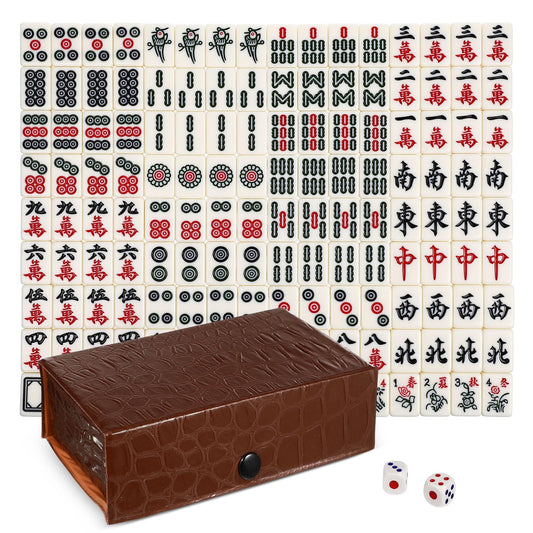 BESTOYARD Professional Chinese Mahjong Game 144 Melamine Tiles 4/5 Inches Travel Board Game Classic Portable -Jongg Family Leisure Game with Table for Outdoor Party Table Game