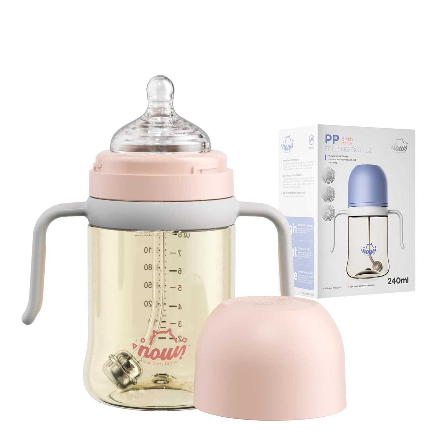 Nouri Natural Flow Anti-Colic Baby Bottle with Natural Response Nipple Baby Bottle 3 Month+ Baby Bottle Slow Flow Wide Neck Bottle 8oz/240ml Breastfeeding Newborn Colic Baby Relief Balance Bottle