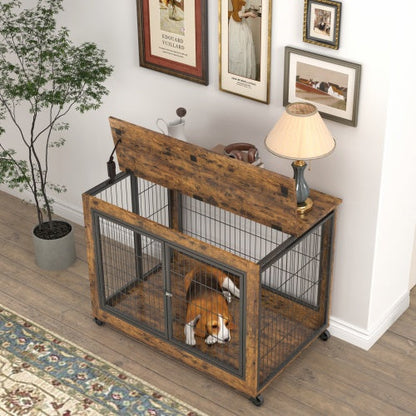 Furniture Double Door Dog Cage Rustic Brown