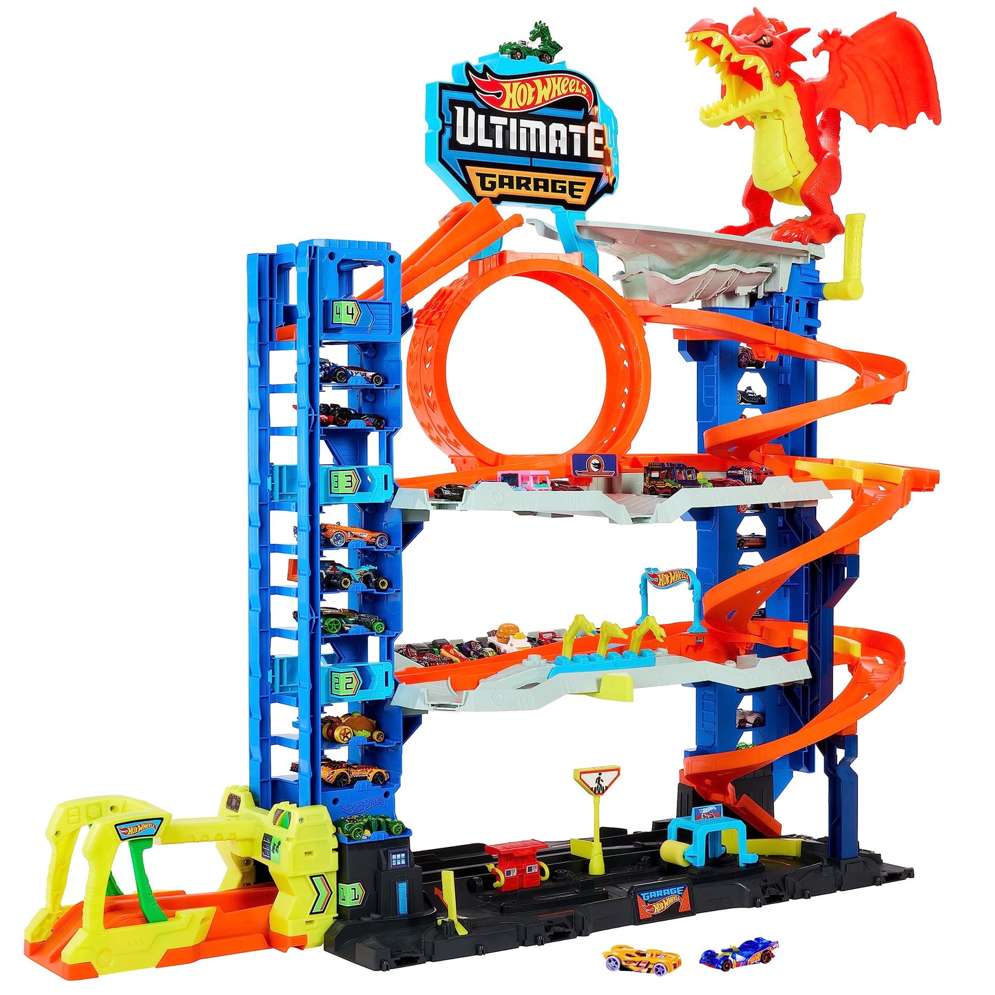 Hot Wheels City Toy Car Track Set Ultimate Garage with 2 Die-Cast Toy Cars & Car-Eating Dragon Stores 50+ Vehicles 4 Levels
