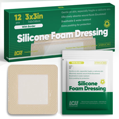 3" x 3" Silicone Foam Dressing by LivaClean Health (12 CT) - Sterile Bandages for Wound Foam Wound Dressing Bed Sore Bandages Silicone Bandage Injury Care Dressings Large Bandage for Wounds