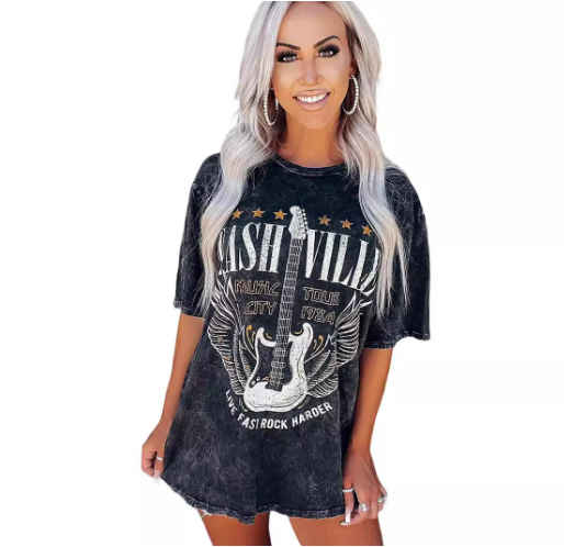 Women Summer Guitar Print Retro Pullover Top
