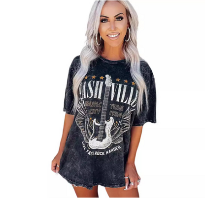 Women Summer Guitar Print Retro Pullover Top