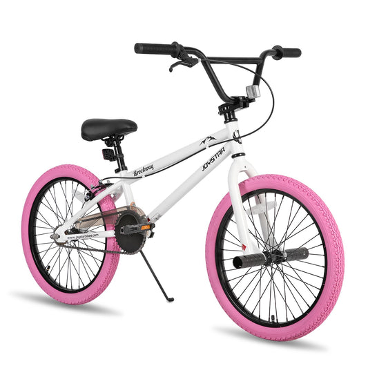 JOYSTAR 20 Inch Kids Bike Freestyle BMX Bikes for 6-10 Years Boys Girls and Beginner Riders 20 Inch Bikes with Pink Tires White Frame