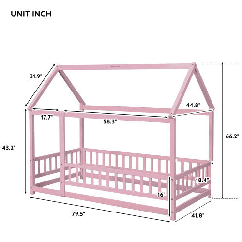 Twin Size Floor Wooden Bed With House Roof Frame Fence Guardrails Pink