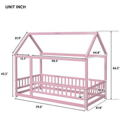 Twin Size Floor Wooden Bed With House Roof Frame Fence Guardrails Pink