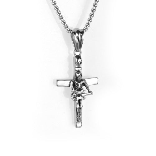 Men Punk Skull Guitar Cross Pendant Necklace Gift stainless steel