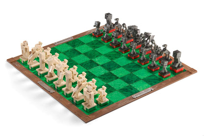 Minecraft themed chess set featuring unique character pieces on a vibrant green board.