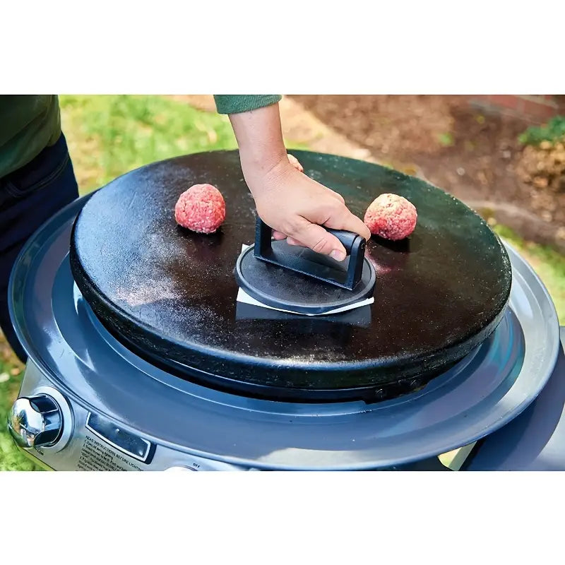 Round Cast Iron BBQ Grill Roast Press with Wooden Handle