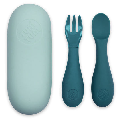 TUM TUM Baby Cutlery with Case Baby Spoon & Fork Set Baby Cutlery for Babies First self Feeding Cutlery Silicone Baby Spoon & Fork 6 Months Plus (Blue)