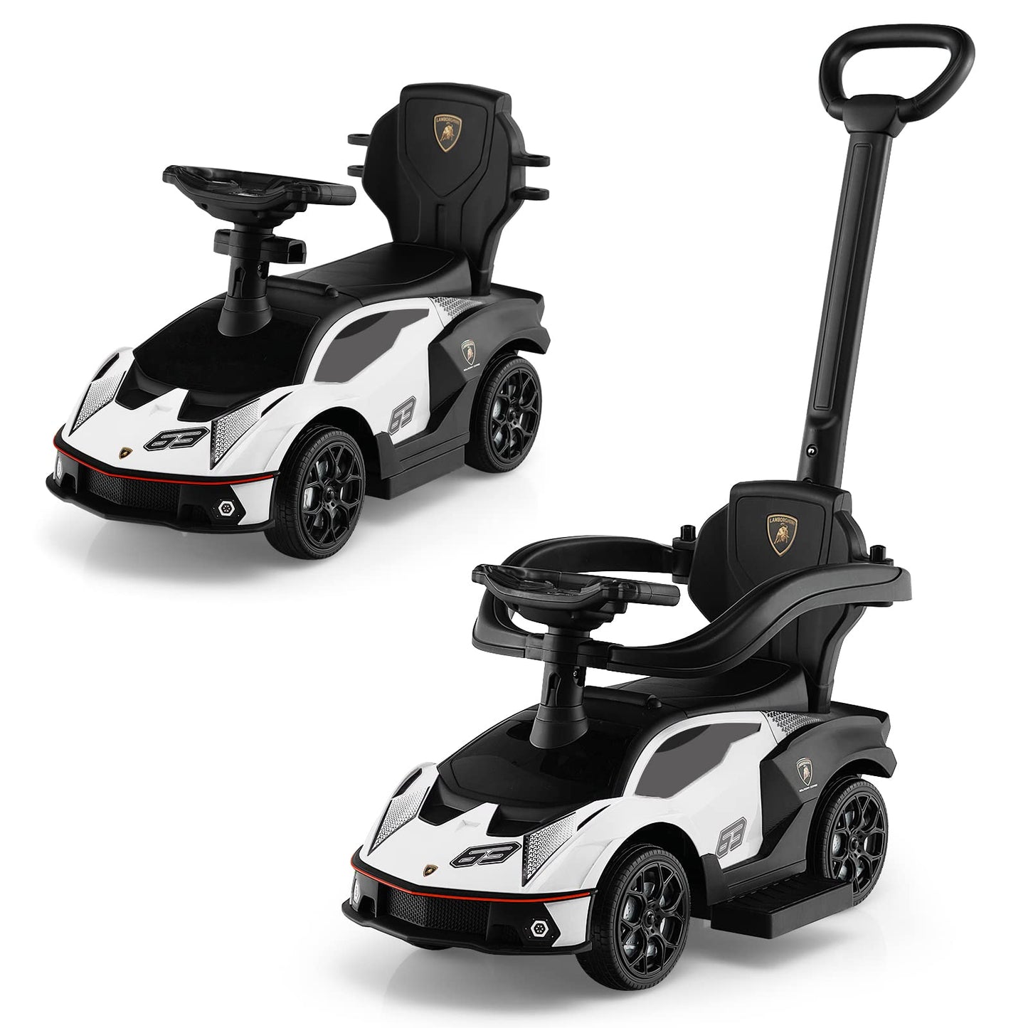Costzon Push Cars for Toddlers 3 in 1 Licensed Lamborghini Stroller Sliding Walking Car w/Handle Armrest Guardrail Underneath Storage Horn Foot-to-Floor Ride On Toy for Boys Girls (White)