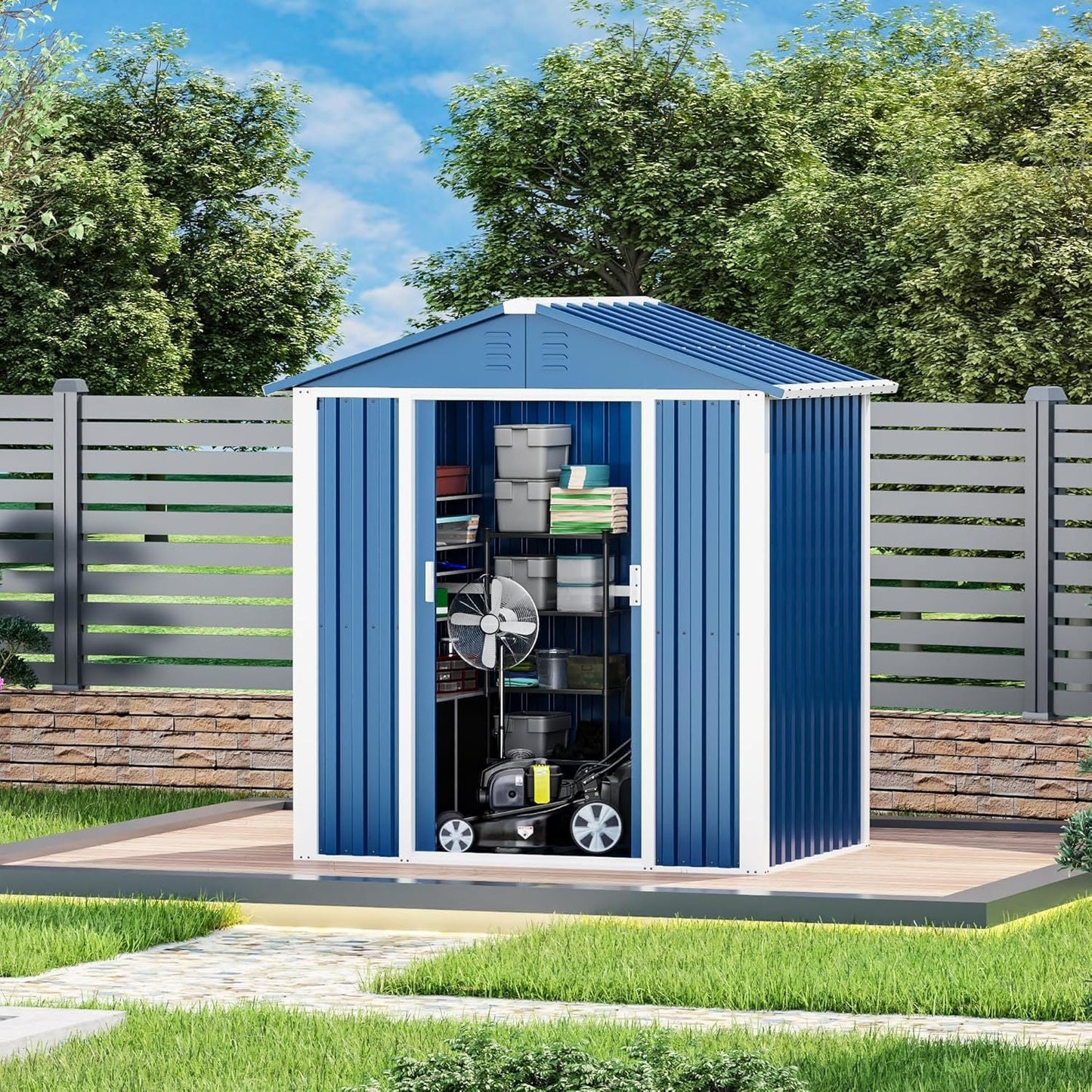 Metal Outdoor Storage Shed 5.3 FT X 4 FT, Double Sloping Roof Steel Utility Tool Shed Storage House With Door & Lock, Metal Sheds Outdoor Storage For Garden Patio Lawn,Blue