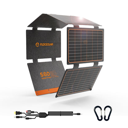60W Foldable Solar Panel Portable Solar Charger with USB-C PD3.0 / USB-A QC3.0 / DC 20-28V Port IP67 Waterproof Solar Panel Kit for RV Camping Backpacking Compatible with Phone Tablet Power Station