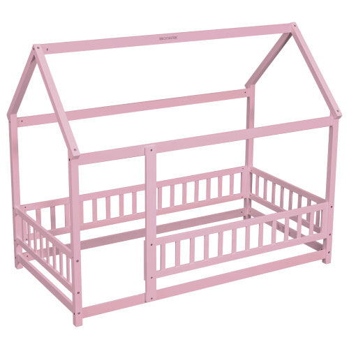 Twin Size Floor Wooden Bed With House Roof Frame Fence Guardrails Pink