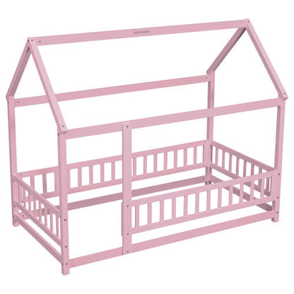 Twin Size Floor Wooden Bed With House Roof Frame Fence Guardrails Pink