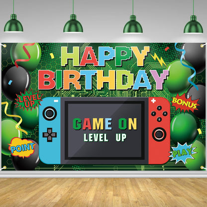 Nintendo Switch Gaming Video Console Game Birthday Decorations Gamer Favor Game Backdrop BannerGaming Backdrop Decorations Photography Background for Boys Children Men Birthday Celebration(Green).