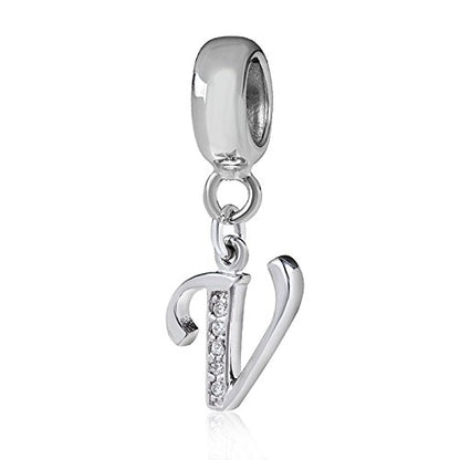 Alphabet Charm Letter Bead V Letter Initial Spacer Solid Woman Sterling Silver DIY Charm (V)