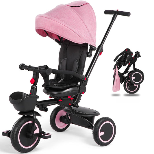 Baby Tricycle 7-in-1 Folding Kids Trike with Adjustable Push Handle Removable Canopy Backrest and Safety Belt Push Tricycle for Toddlers 10 Months - 5 Years