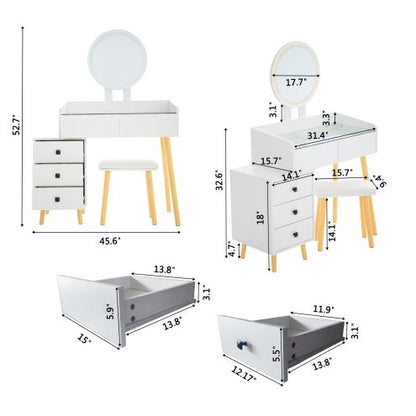 Make up Dressing Table With LED Lights Glass Top Extendable Side Table 5 Drawers Mirror Stool For Bedroom