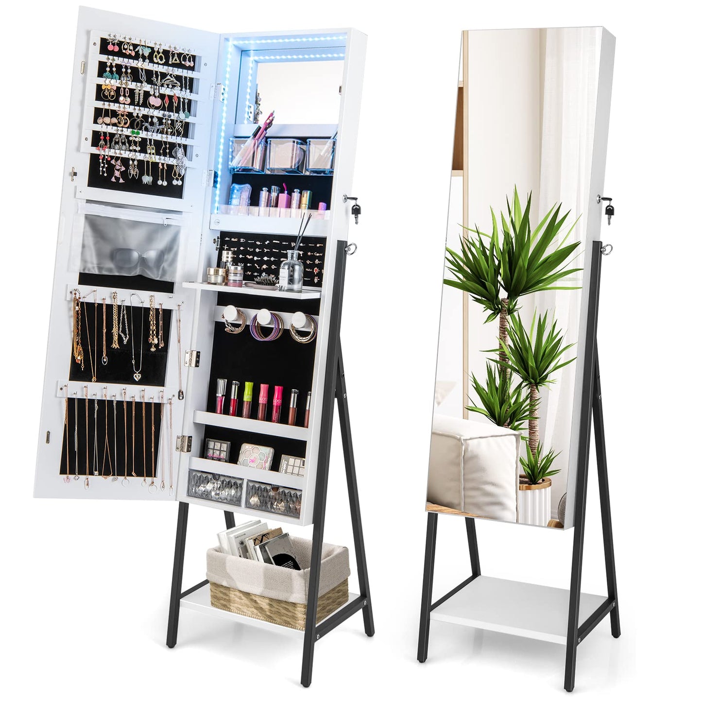 CHARMAID LED Strip Jewelry Armoire with 47.2" H Full Length Mirror Lockable Jewelry Cabinet Organizer with 3-Color Lights 3 Brush Boxes 2 Drawers Bottom Storage Shelf Metal Frame (White)