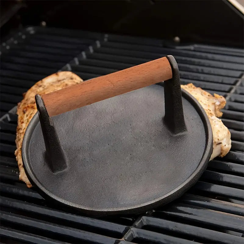 Round Cast Iron BBQ Grill Roast Press with Wooden Handle