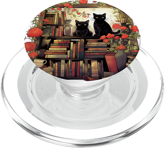 Black Cat Book Lover Librarian PopSockets PopGrip for MagSafe iPhone