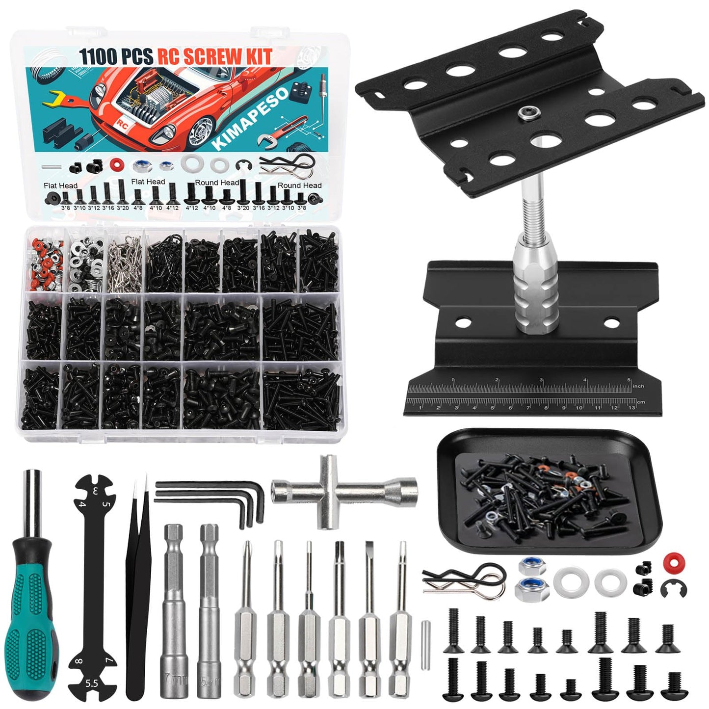 RC Car Repair Work Stand 1100pcs RC Screw Kit and RC Screwdrivers Repair Set for Traxxas Axial Redcat Arrma HPI HSP SCX10 RC4WD 1/8 1/10 1/12 1/16 Scale RC Crawler Truck Buggy Car
